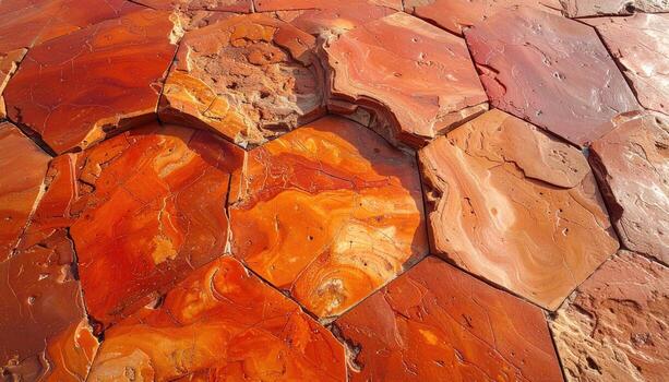 Close-up view of a mosaic, featuring interlocking, hexagonal terracotta tiles with marbled patterns photo