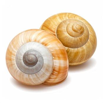 Two spiral seashells, light brown and tan, with intricate patterns, sit close together against a white background photo