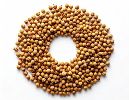 Circular frame of coriander seeds on white background photo