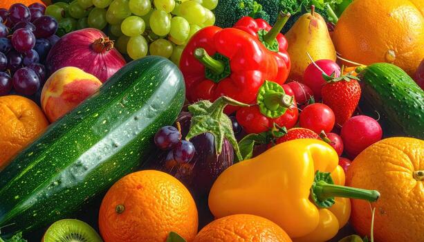 vibrante formación de Fresco producir. un generosidad de vistoso frutas y vegetales. de cerca ver de varios artículos incluso uvas, pimientos, calabacín, naranjas, y más foto