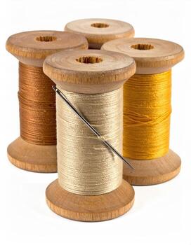 cuatro carretes de hilo, varios colores, de madera bobinas, aguja foto