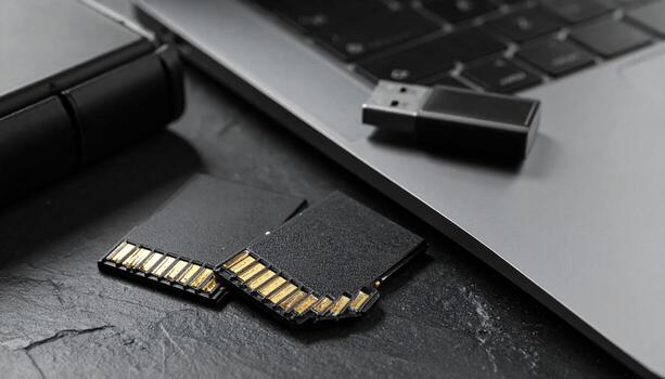 Two SD cards and a USB flash drive rest on a dark gray surface next to an open laptop photo