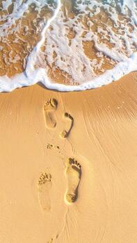 Footprints in the sand, waves lapping the shore photo