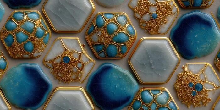 Intricate mosaic of turquoise, gold, and white gemstones in a stunning geometric pattern. photo