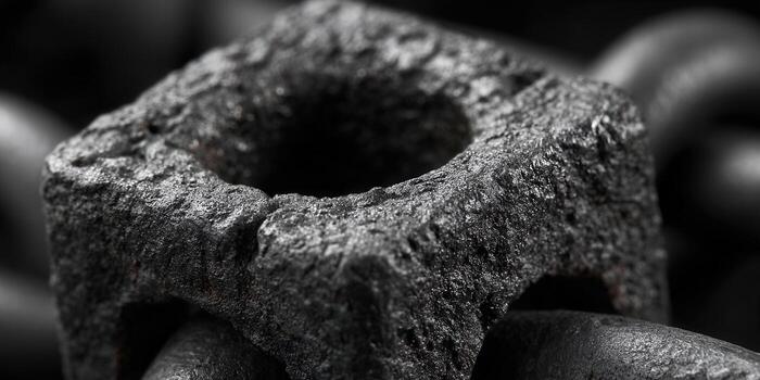 Detailed macro shot of a weathered chain link, showcasing texture and industrial elements. photo