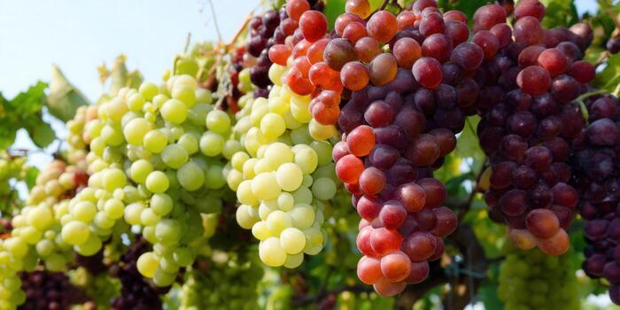 A colorful display of various ripe grapes hanging from a vine, ready for harvest. photo