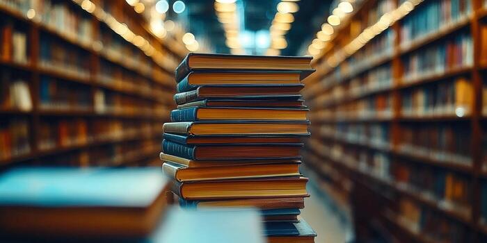 Books stacked high in a library, a symbol of knowledge and learning. photo