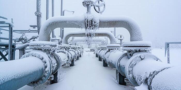 An industrial scene featuring frozen pipes covered in snow and ice during a harsh winter. photo