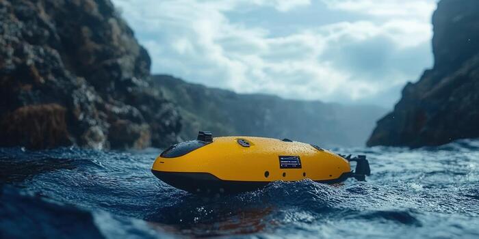 A yellow autonomous underwater vehicle floats on the ocean surface, near a rocky coast. photo