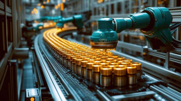 Robotic arm precisely works on items moving along a conveyor belt in a modern factory. photo