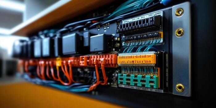 Intricate electrical panel with colorful wires and connectors, illustrating technology and data flow. photo