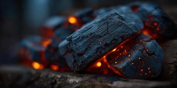ardiente carbón ascuas resplandor brillantemente, creando un cautivador contraste en contra el oscuro escena foto