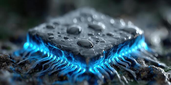An artistic shot features a glowing circuit board with water droplets, perfect for technology concepts. photo