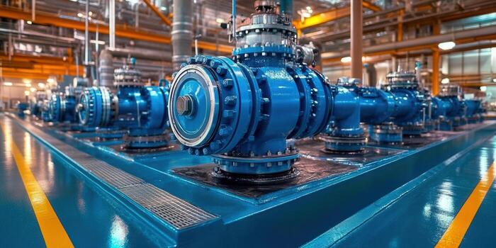Blue industrial valves in a factory setting, showcasing the technical aspect of the plant. photo