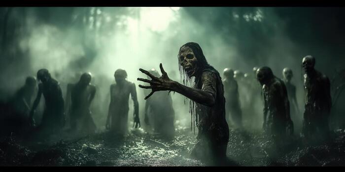 A terrifying horde of zombies rises from a murky swamp, ready to attack. photo