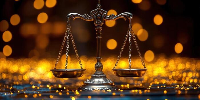 The golden scales of justice are displayed in a beautiful, blurred lights background. photo
