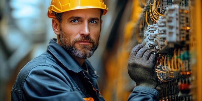 Electrician carefully inspecting electrical wiring in a control panel with focused concentration. photo