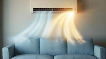A modern air conditioner cools a living room, enhancing indoor comfort during summer heat. photo