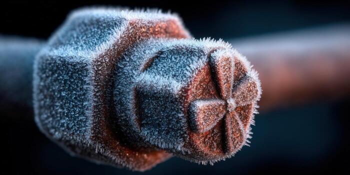 Intricate ice crystals cover a metal object, showcasing beautiful natural patterns in the cold. photo