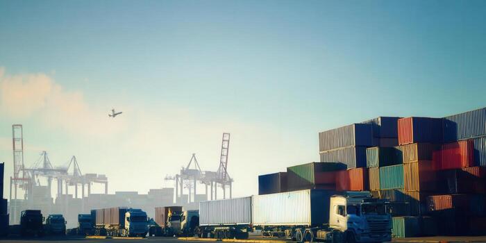 Shipping port with stacked containers, trucks, cranes, and an airplane in the sky. photo
