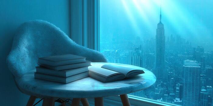 A serene scene shows books by a window overlooking the iconic cityscape of new york. photo