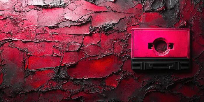 A striking pink cassette tape on a textured red backdrop, evoking a sense of nostalgia. photo