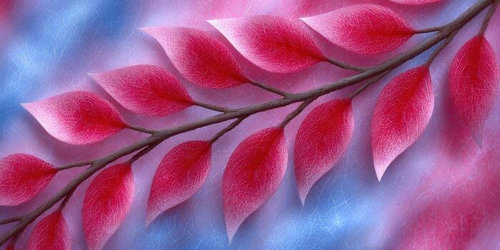 The branch with red leaves against a textured background creates a unique design. photo