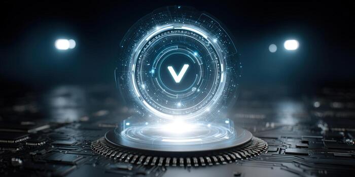 Digital verification symbol glowing amidst a futuristic tech network design. photo