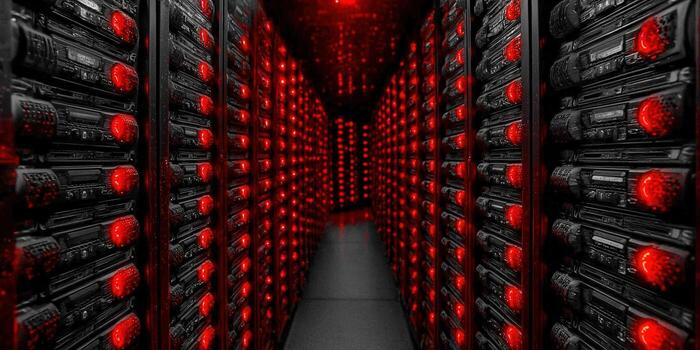 Inside a server room, rows of servers glow with red lights, creating a high-tech and futuristic feel. photo