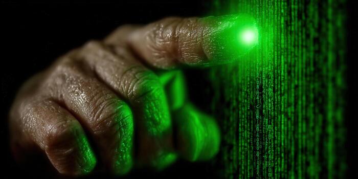 A hand interacts with a glowing digital code interface, symbolizing technology. photo