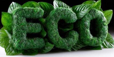 el palabra 'Ecológico' hecho de césped y rodeado por Fresco verde hojas. foto
