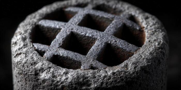 Detailed shot of a weathered stone artifact featuring an intricate grid design. photo