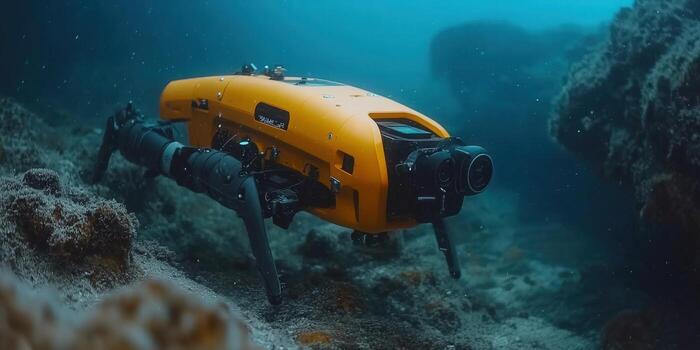The yellow underwater drone is surveying the ocean floor, capturing data. photo