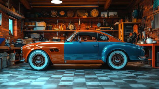 un maravilloso Dos tonos Clásico coche es estacionado dentro un bien iluminado, clásico garaje ajuste con herramientas en mostrar. foto