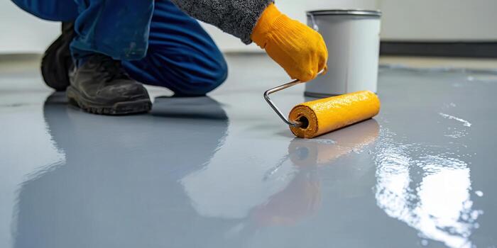 Applying epoxy paint to a concrete floor with a roller during a renovation project. photo