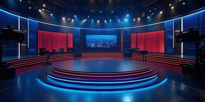 The sleek television studio set is ready for a live broadcast or show production. photo