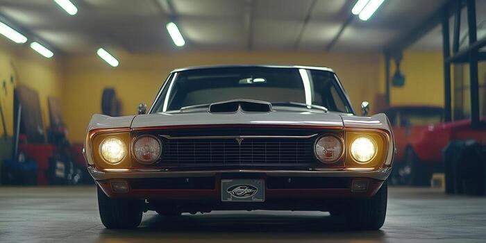 A classic muscle car in a well-lit garage setting, showcasing its vintage design and powerful features. photo
