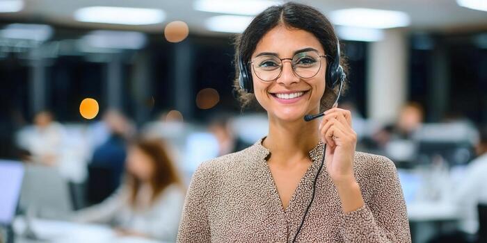A friendly customer service representative smiles while wearing a headset in her office. photo