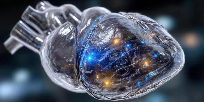 A stunning digital rendering of a futuristic, glowing heart, showcasing advanced medical concepts. photo