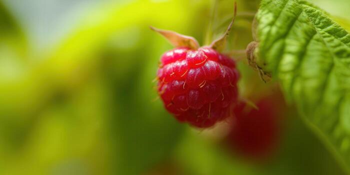 A close-up shot of a ripe, red raspberry ready to be picked, surrounded by green leaves. photo