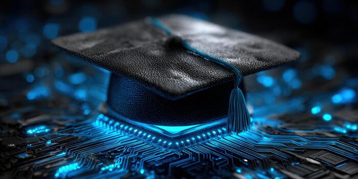Graduation cap on a glowing circuit board represents online education and digital learning. photo