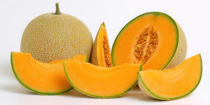 Fresh cantaloupe with slices, perfect for a refreshing summer treat. photo