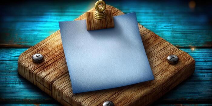 A blank note card on a wooden board against a textured blue background photo