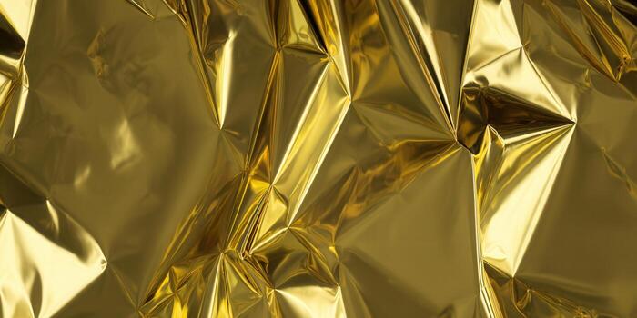 Close-up of crumpled gold foil creating a reflective, luxurious texture and abstract background. photo
