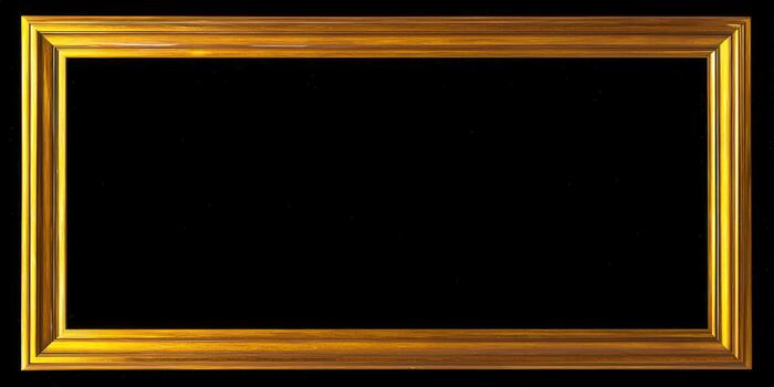 A golden, rectangular frame on a black backdrop, perfect for art display. photo