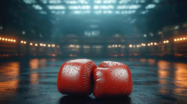 Two red boxing gloves sit on a wet surface in an atmospheric boxing ring. photo