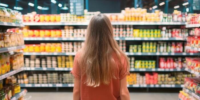 A person browses grocery store shelves, surrounded by a wide array of products. photo
