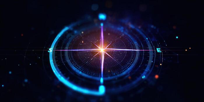 A futuristic compass design glowing in neon colors, representing direction and technological advancement. photo