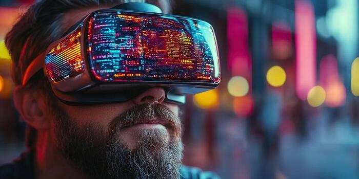 A man explores a virtual world with a VR headset, immersed in data. photo