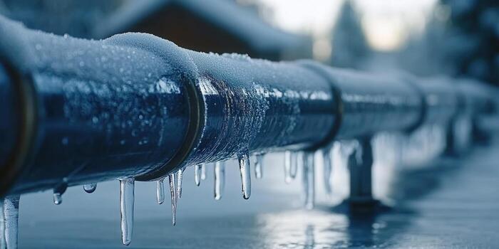 A close-up view of a frozen pipe covered in ice and icicles, showcasing winter's grip. photo